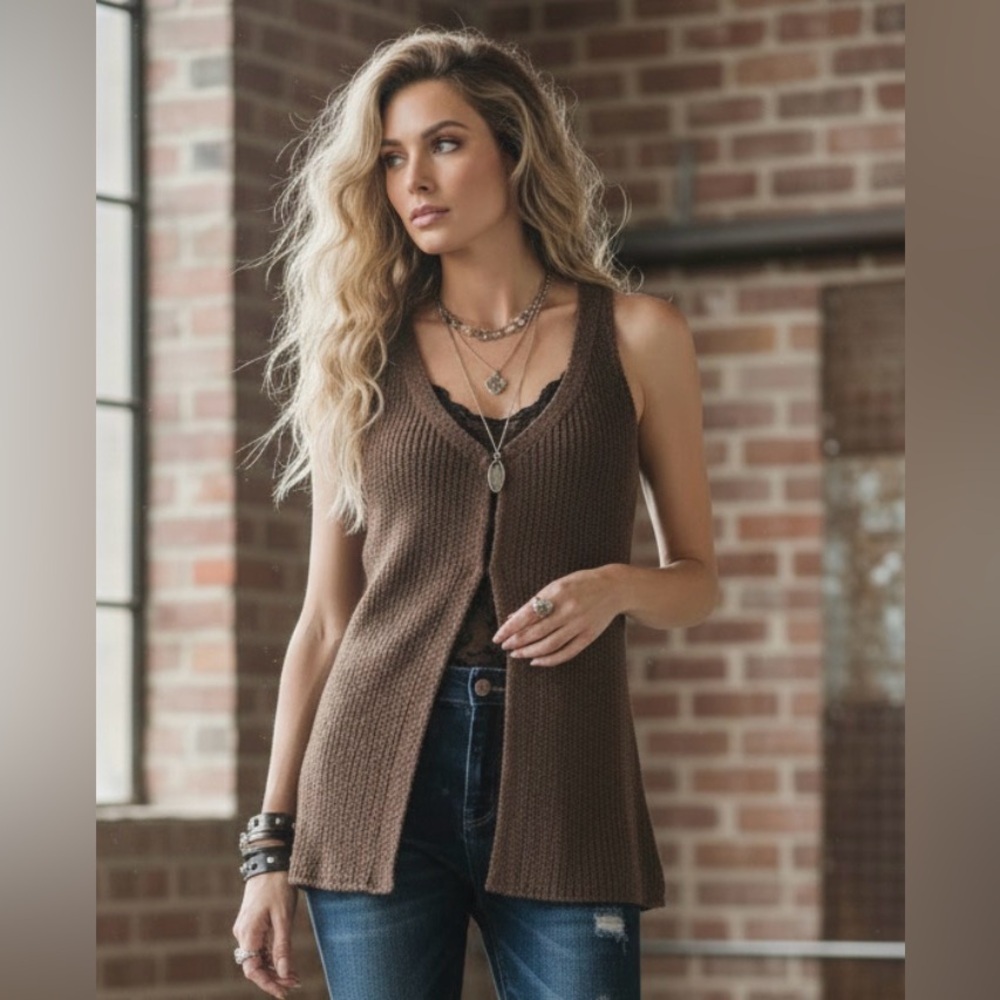 NWT Lightweight Eye-Hook Soft Fabrication Sweater Knit Vest Top Brown - Picture 3 of 9